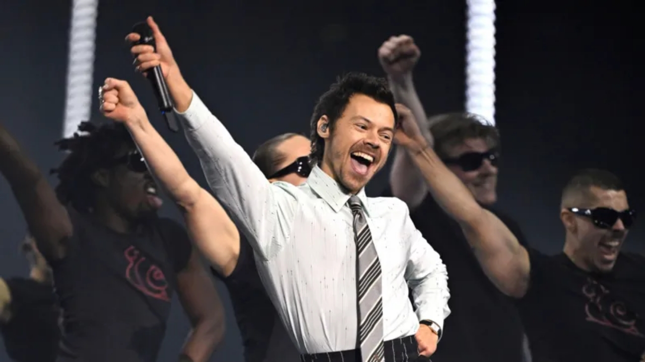 Harry Styles performing with dancers at the Brit Awards