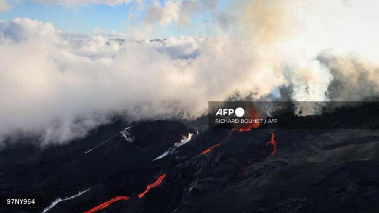 This aerial photograph shows the Piton de la Fournaise volcano erupting in the southeast of the French overseas island of La Reunion on February 15, 2026