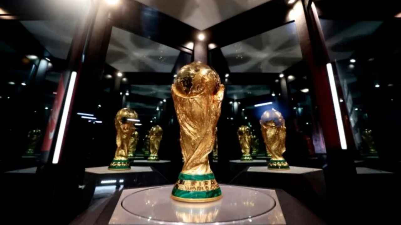 A FIFA World Cup trophy is displayed at the Akron Stadium, where it arrived as the second part of its tour in Zapopan, Mexico on February 28, 2026