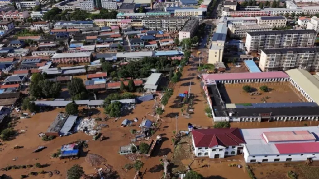 File photo of drone view shows partially submerged village houses and other buildings after heavy rainfall flooded the Miyun district near Beijing, China, on July 29, 2025