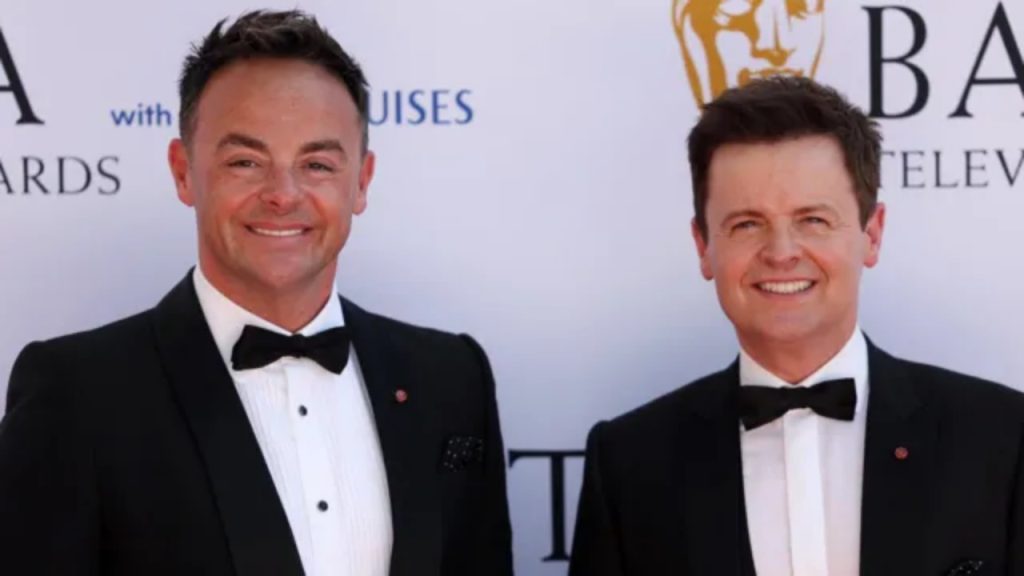 Ant and Dec attending a red carpet event in formal dinner jackets and bow ties, 2024.