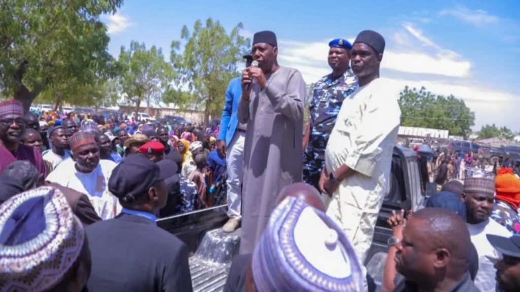 Zulum addressing residents of Ngoshe community during a condolence visit in Pulka, Gwoza Local Government Area, on Friday March 6, 2025 after the Boko Haram attack that left several people dead and others abducted.