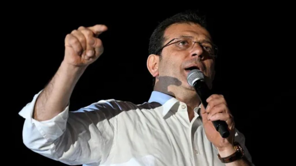 Ekrem Imamoglu speaking to supporters during Istanbul municipal elections, 2024.