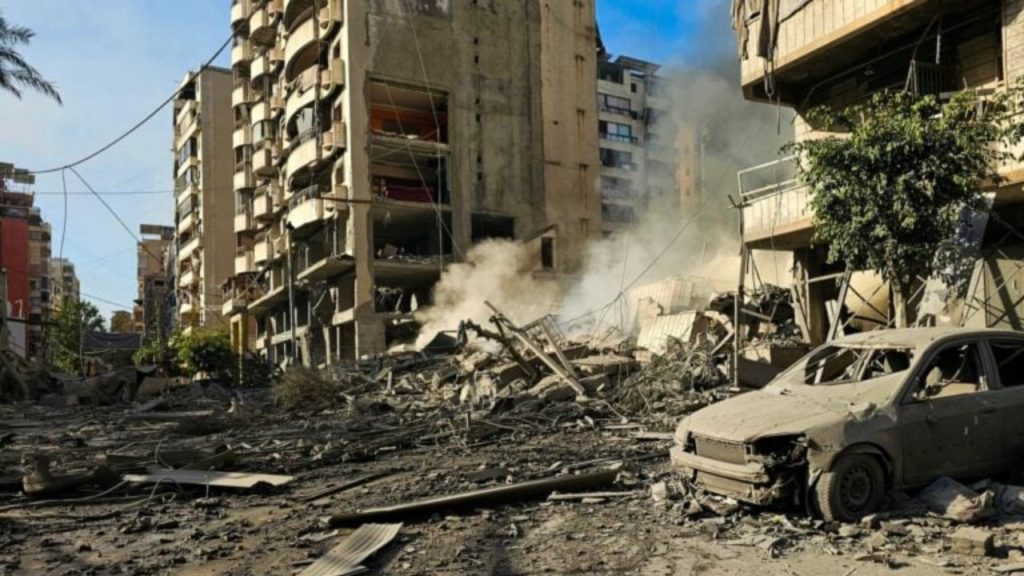 A site of overnight Israeli airstrikes is pictured in the southern suburbs of Beirut on March 6, 2026.