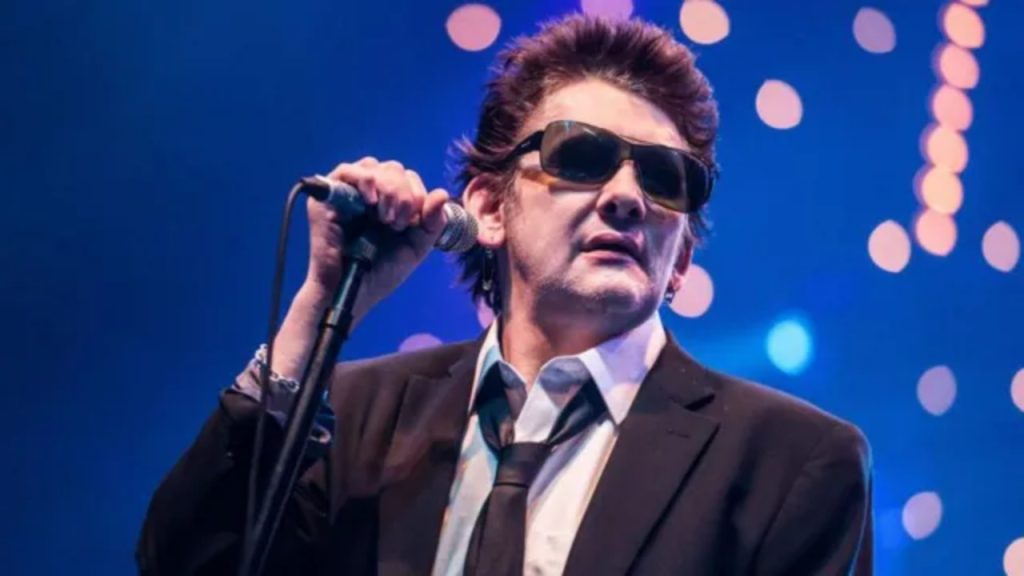 Shane MacGowan performing on stage holding a microphone during a live concert.