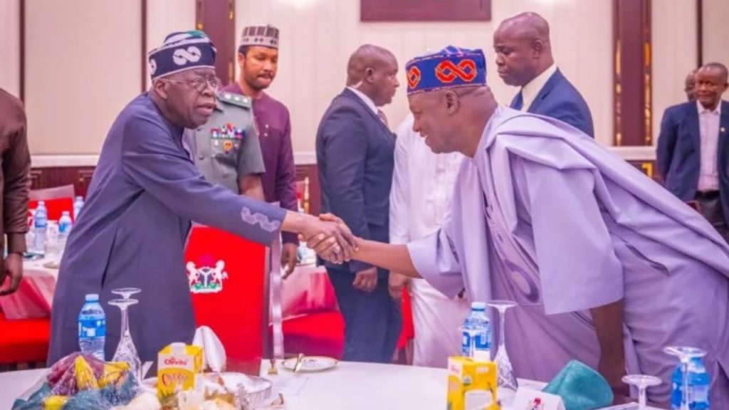 President Bola Tinubu in a handshake with the APC National Chairman, Nentawe Yilwatda, during an interfaith breaking of fast with leaders of the All Progressives Congress and the Inter Party Advisory Council at the State House, Abuja.