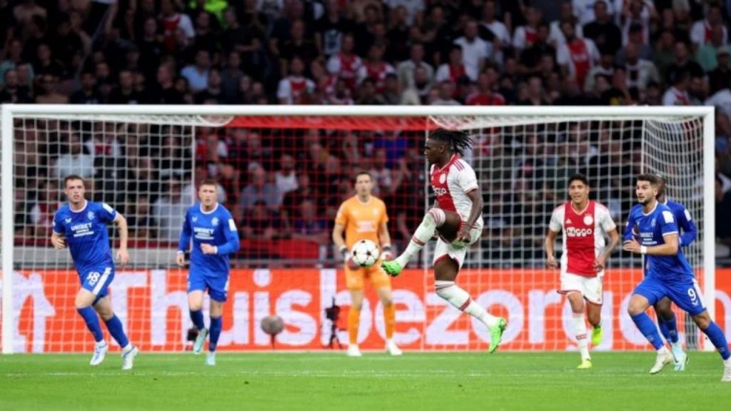Ajax's Nigerian defender Calvin Bassey (C) controls the ball during the first round Group A UEFA Champions League football match between Ajax Amsterdam (NED) and Rangers (SCO) at The Johan Cruijff ArenA in Amsterdam on September 7, 2022.