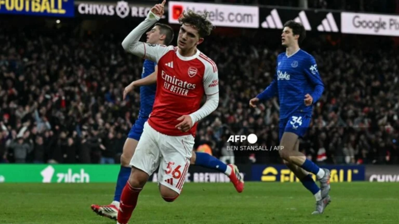 Arsenal's English midfielder #56 Max Dowman celebrates scoring their late second goal during the English Premier League football match between Arsenal and Everton at the Emirates Stadium in London on March 14, 2026 - National News
