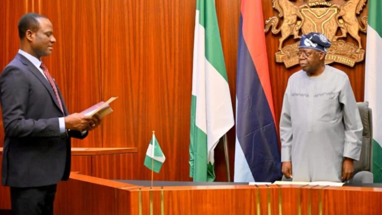 President Bola Tinubu administers the oath of office on Mr Taiwo Oyedele as the new Minister of State for Finance at the Aso Rock Presidential Villa, Abuja, on Monday - National News