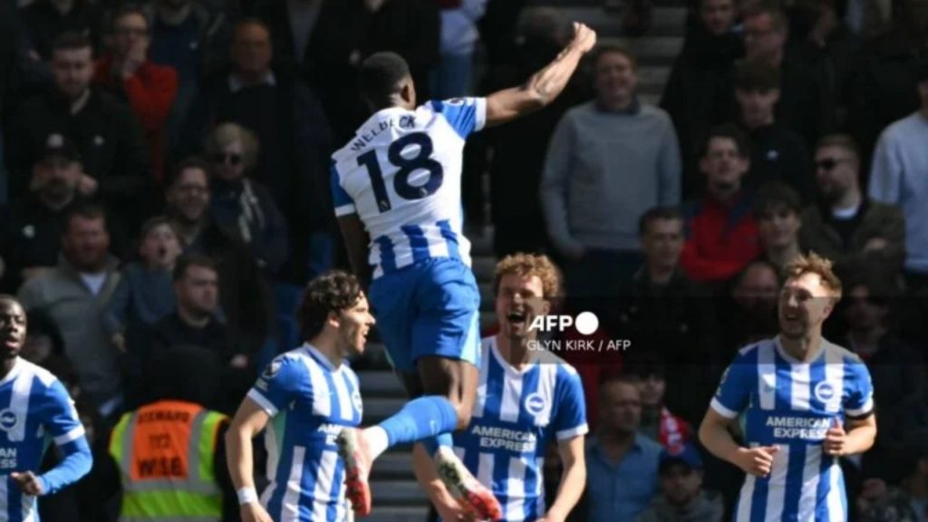 Brighton's English striker #18 Danny Welbeck (C) celebrates after scoring the opening goal of the English Premier League football match between Brighton and Hove Albion and Liverpool at the American Express Community Stadium in Brighton, southern England on March 21, 2026 - National News
