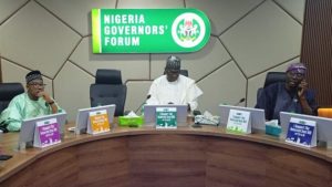 L–R: Chairman, Peoples Democratic Party Governors’ Forum and Bauchi State Governor, Bala Mohammed; NGF Chairman and Kwara State Governor, AbdulRahman AbdulRazaq; and Lagos State Governor, Babajide Sanwo-Olu, during the NGF's meeting in Abuja early Friday morning - National News