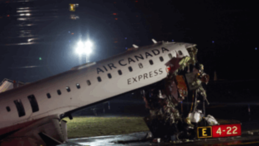 An Air Canada Express CRJ-900 sits on the runway after colliding with a Port Authority fire truck at LaGuardia Airport in New York, on March 23, 2026 - National News