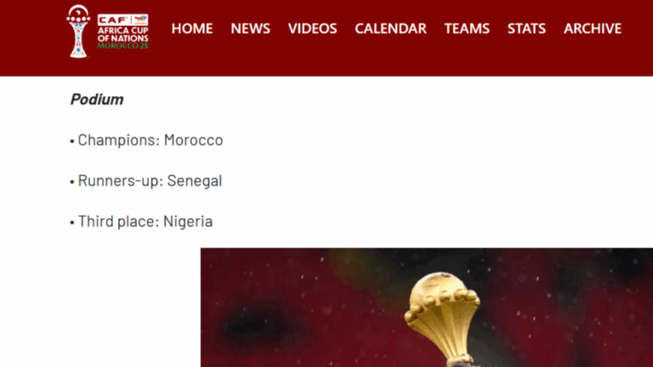 Screenshot of CAF website showing Morocco as the winners of AFCON 2025 - National News