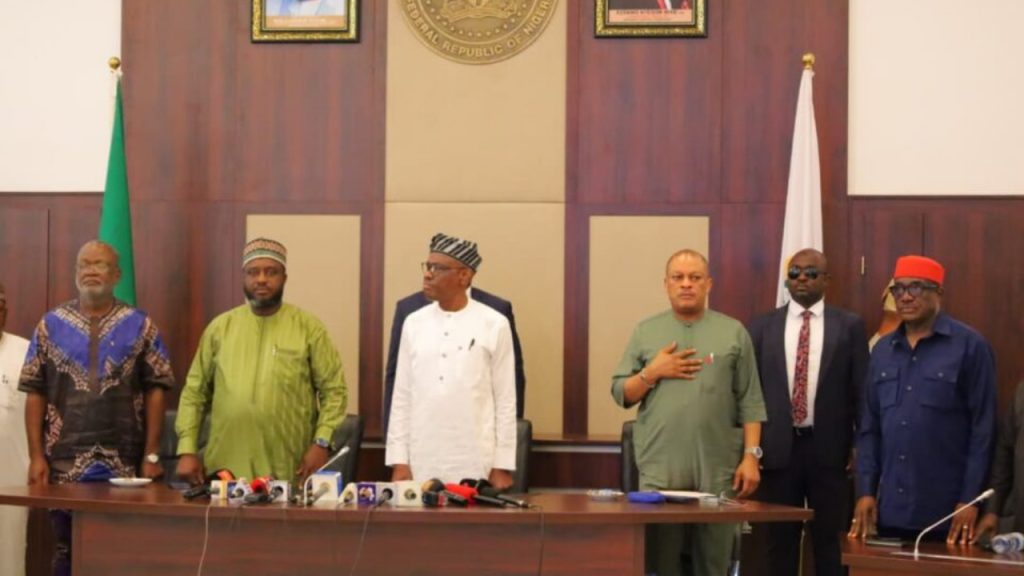 L-R: Former Governor of Benue State, Samuel Ortom; Acting PDP Chairman, Abdulrahman Muhammad; FCT Minister, Nyesom Wike; PDP National Secretary, Senator Sam Anyanwu; and former Senator representing Abia North Senatorial District, Mao Ohuabunwa... during the inauguration of the PDP BoT at the Minister's residence in Abuja, on Friday - National News