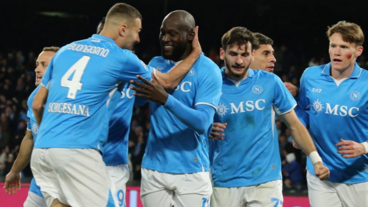 Napoli's Belgian forward #11 Romelu Lukaku celebrates scoring his team's first goal with teammates during the Italian Serie A football match between Napoli and Roma at the Diego Armando Maradona stadium in Naples on November 24, 2024 - National News