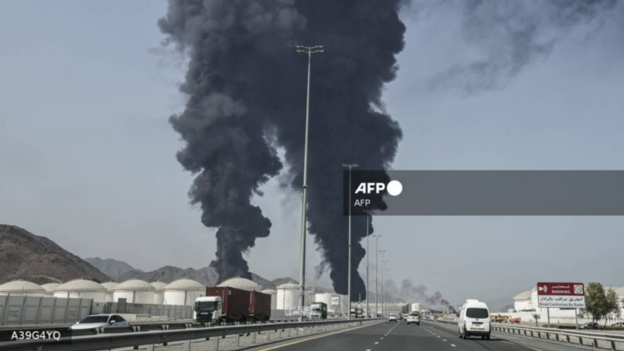 Smoke rises from the direction of an energy installation in the Gulf emirate of Fujairah on March 14, 2026 - National News