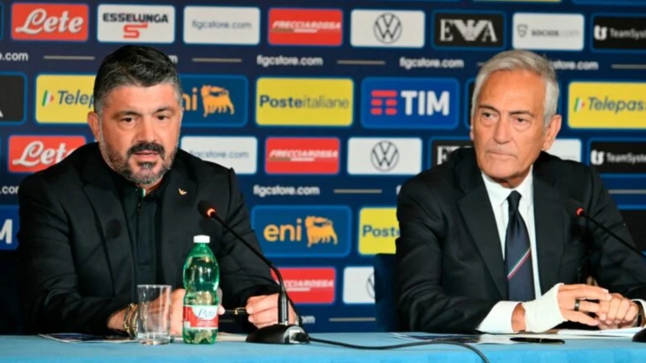 Italy's national football team headcoach Gennaro Gattuso (L) speaks next to the president of the Italian Football Federation Gabriele Gravina during a press conference in Rome on June 19, 2025 - National News