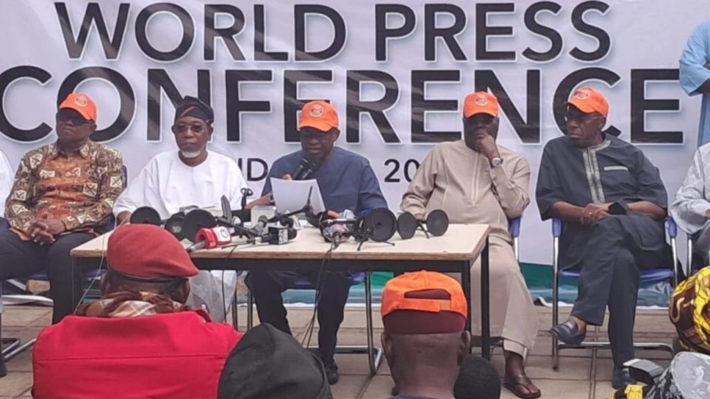 (L-R) Former Anambra State Governor, Peter Obi; former Osun State Governor and African Democratic Congress National Secretary, Rauf Aregbesola; ADC National Chairman, David Mark; former Vice President, Atiku Abubakar; and former Rivers State Governor, Rotimi Amaechi, during a press conference in Abuja on Thursday - National News