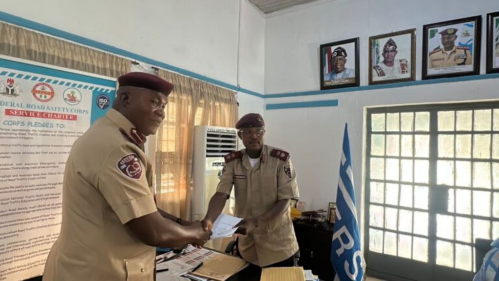 The outgoing Ogun Sector Commander, Akinwunmi Fasakin (Right) handing over to the new Sector Commander, Oludare Ogunjob - National News