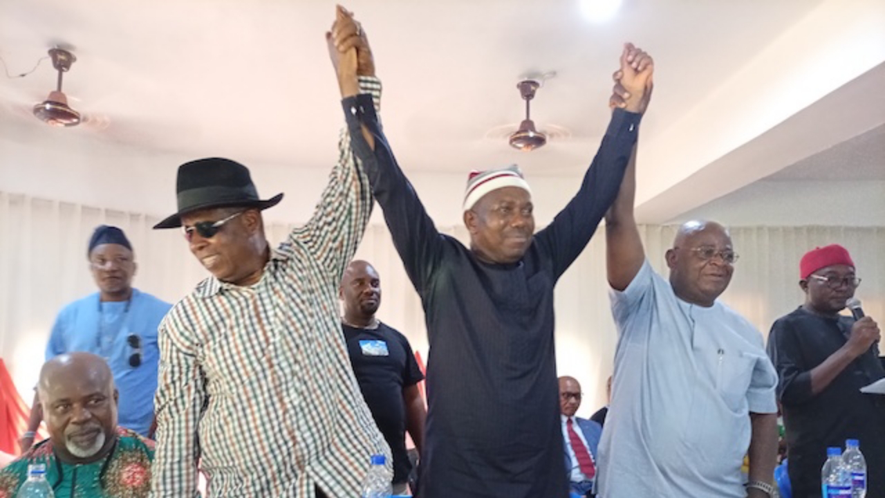 Abia ADC chairman (middle) with hands raised by Chief Uchenna Okagbuo and Congress committee chairman Chief Fredrick Onwe - National News
