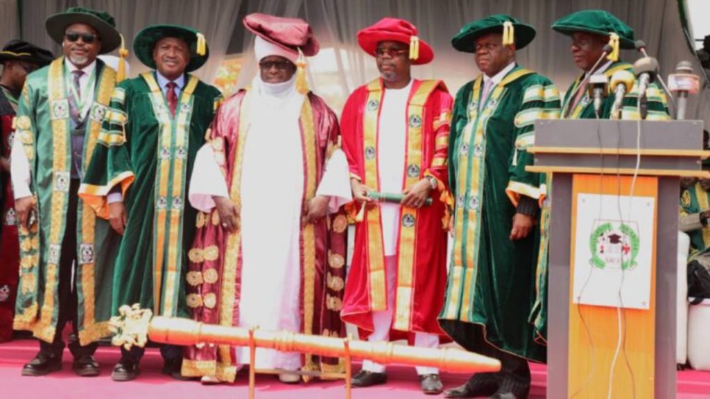 Second from left: UniAbuja Vice-Chancellor, Professor Hakeem Fawehinmi; Chancellor and Emir of Bauchi, Alhaji Dr Rilwanu Adamu; and Dr Paul Odili at the 29th and 30th combined convocation of the University of Abuja, held in Abuja on Saturday - National News