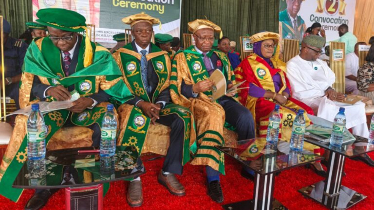 L-R: BOUESTI VC, Prof. Babatunde Omojola; Governing Council Chairman, Prof. Dipo Aina; Chancellor, Chief Wole Olanipekun (SAN); Secretary to Ekiti State Governor, Prof. Habibat Adubiaro; and Chief of Staff to Ekiti State Governor, Niyi Adebayo during the convocation ceremony - National News
