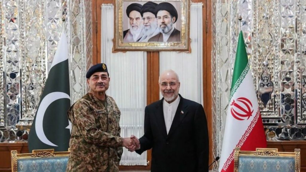 This handout photo taken and provided by the Office of Iranian Parliament Speaker on April 16, 2026 shows Iranian Parliament speaker Mohammad Bagher Ghalibaf (R) shaking hands with Pakistan's Army Chief Asim Munir before their meeting in Tehran - National News