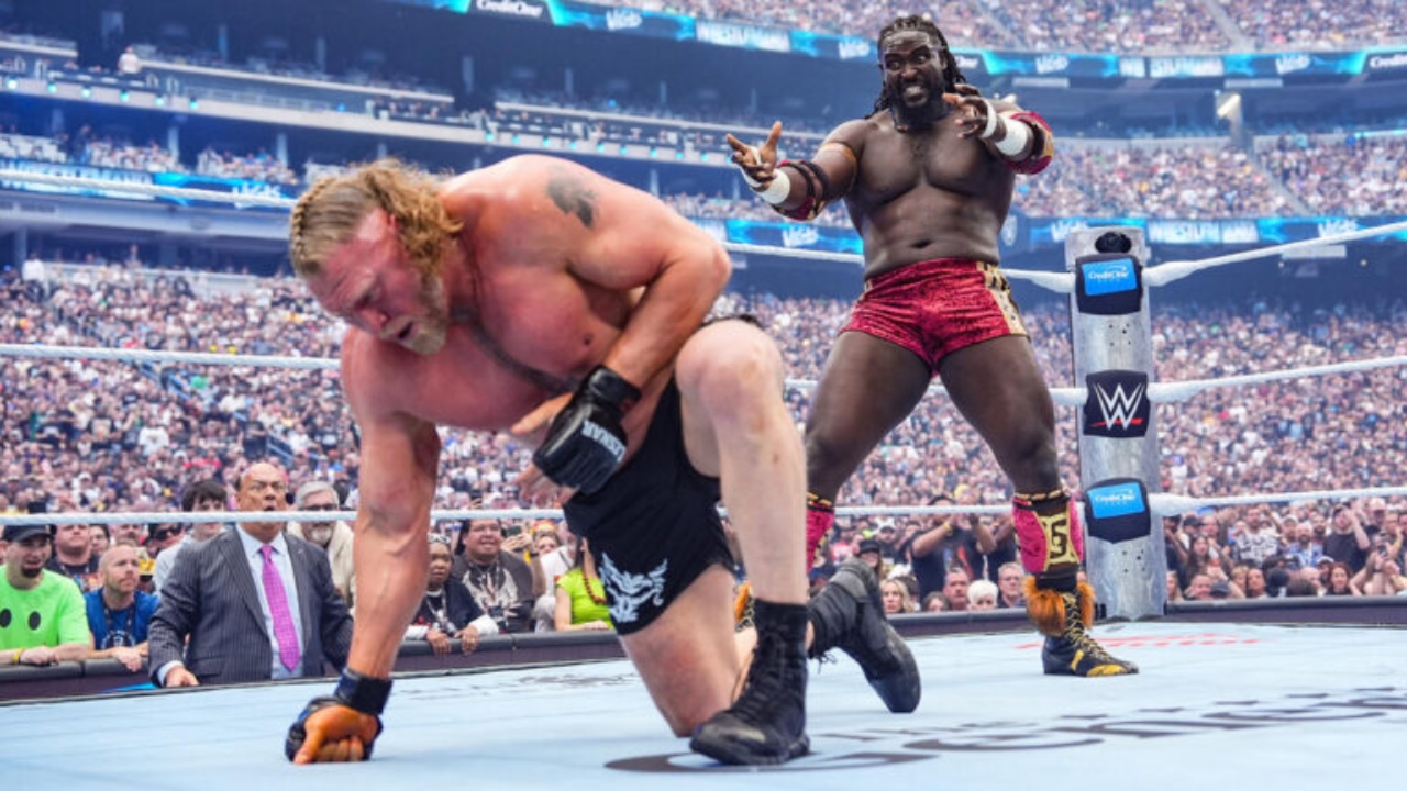 Oba Femi sizes up Brock Lesnar during their bout at WrestleMania 42 - National News