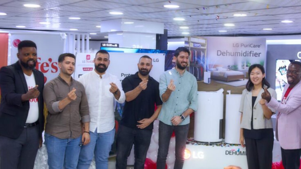 L-R: Mr Favour Umanah, product marketing manager, Eco-Solutions, LG Electronics; Mr Moustafa Kharis, Abuja Branch Manager of Fouani Nigeria Ltd; Mr Adham Alsaadi, Marketing Manager, Fouani Nigeria Limited; Mr Ahmed Ali, Sales Manager, Fouani Nigeria Limited; Yunus Abdullah, Marketing Executive, Fouani Nigeria Limited; Ms Yeeun Kim, Assistant Product Manager, Eco-Solutions, LG Electronics; and Mr Paul Mba, Head Corporate Marketing, LG Electronics, at the launch of LG’s Smart Dehumidifier in Abuja - National News