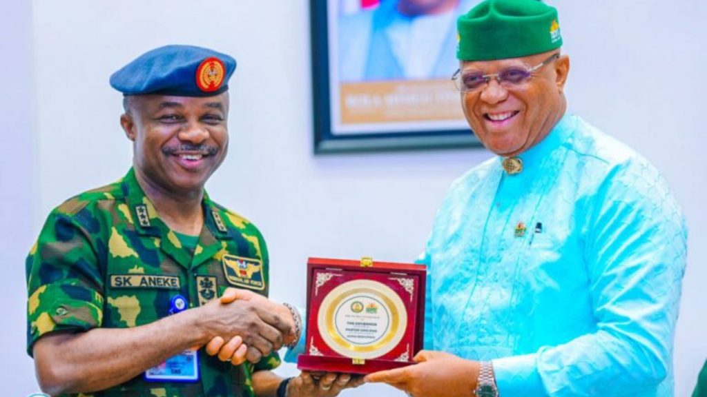 The Governor of Akwa Ibom State, Pastor Umo Bassey Eno and Chief of the Air Staff (CAS), Air Marshal Sunday Kelvin Aneke exchanging pleasantries during an operational visit of the Chief of the Air Staff - National News