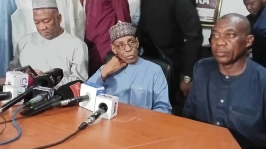 L-R: Former Labour Party vice-presidential candidate, Senator Yusuf Datti Baba-Ahmed; PRP National Chairman, Hakeem Baba-Ahmed and members of his National Working Committee at Monday's Press Conference in Abuja - National News