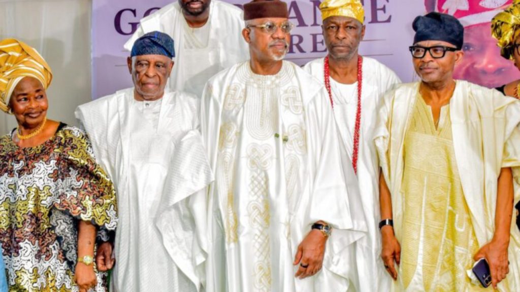 L-R: Wife of the late Awujale of Ijebuland, Olori Iyabo Adetona; former Governor of Ogun State, Chief Olusegun Osoba; Ogun State Governor, Prince Dapo Abiodun; first son of the late Awujale, Prince Adedire Adetona; and representative of former President Olusegun Obasanjo, Arc. Fari Arole, during the final farewell ceremony and grand reception for the late Awujale of Ijebuland, Oba Sikiru Kayode Adetona, held at the Dipo Dina Stadium, Ijebu-Ode, on Saturday - National News