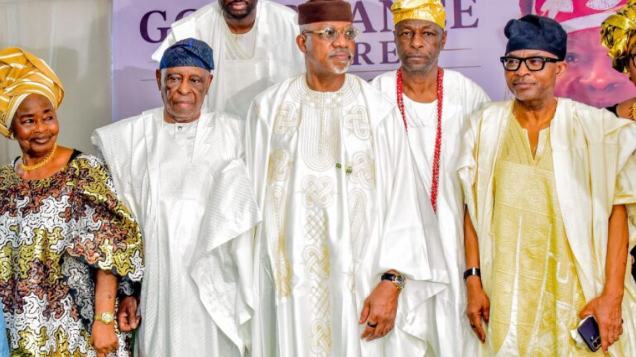 L-R: Wife of the late Awujale of Ijebuland, Olori Iyabo Adetona; former Governor of Ogun State, Chief Olusegun Osoba; Ogun State Governor, Prince Dapo Abiodun; first son of the late Awujale, Prince Adedire Adetona; and representative of former President Olusegun Obasanjo, Arc. Fari Arole, during the final farewell ceremony and grand reception for the late Awujale of Ijebuland, Oba Sikiru Kayode Adetona, held at the Dipo Dina Stadium, Ijebu-Ode, on Saturday - National News