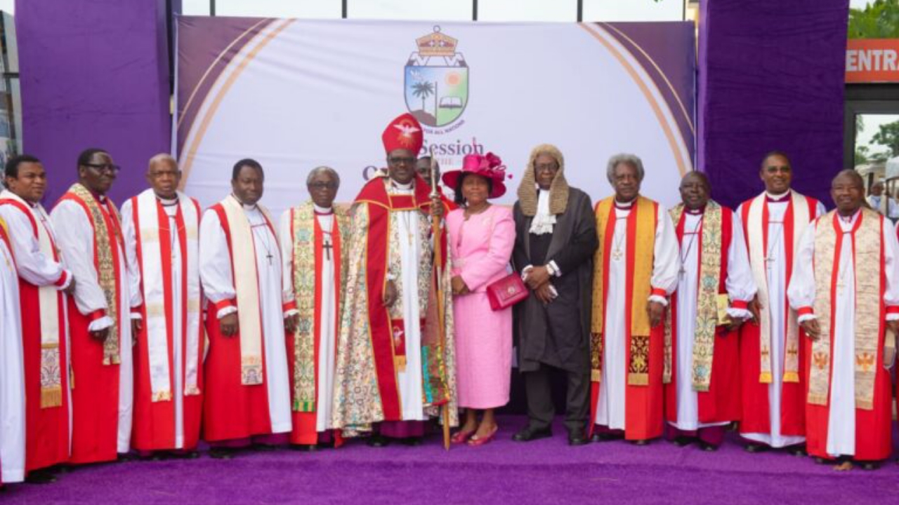 At the ongoing 3rd Session of the 9th Synod of the Diocese of Lagos West, the President of the Synod The Rt Revd Dr James Olusola Odedeji (middle), his wife Dr Lydia Odedeji, registrar of the diocese, Mr Bambo Adesanya, SAN and other visiting bishops at the Synod yesterday, 15/5/25 - National News