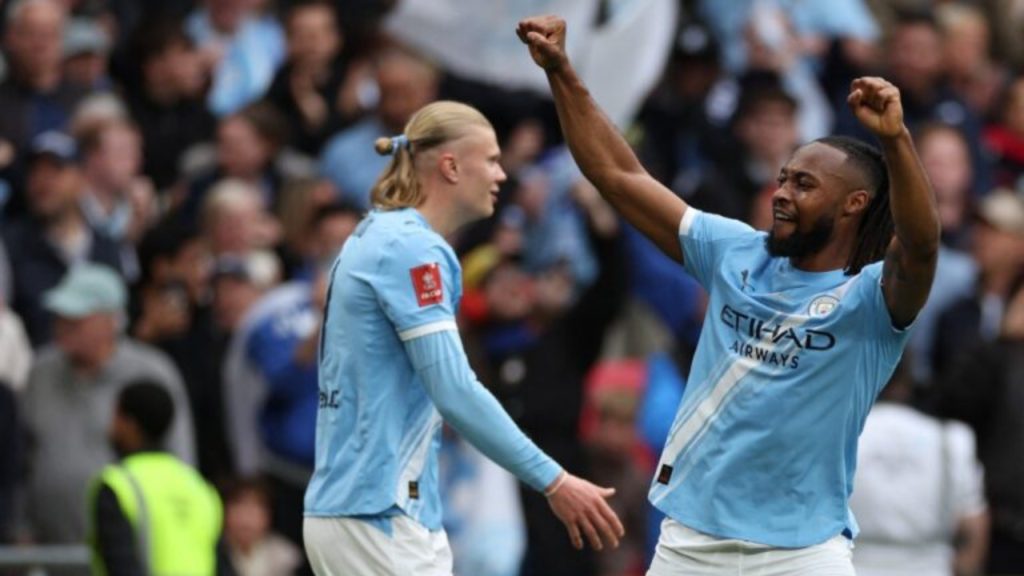 Manchester City's Ghanaian midfielder #42 Antoine Semenyo (R) celebrates after scoring the opening goal of the English FA Cup final football match between Chelsea and Manchester City at Wembley stadium in London, on May 16, 2026 - National News