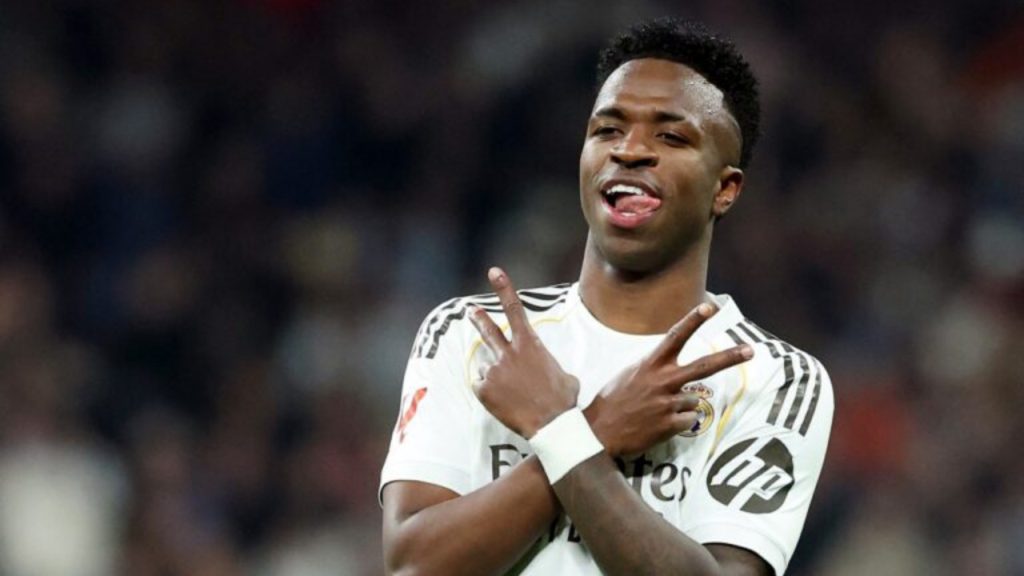 Real Madrid's Brazilian forward #07 Vinicius Junior celebrates scoring his team's fourth goal during the Spanish league football match between Real Madrid CF and Real Sociedad at Santiago Bernabeu Stadium in Madrid on February 14, 2026 - National News