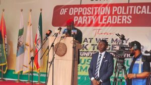The National Chairman of the African Democratic Congress (ADC), Senator David Mark, speaking at the national opposition summit held in Ibadan, Oyo State - National News