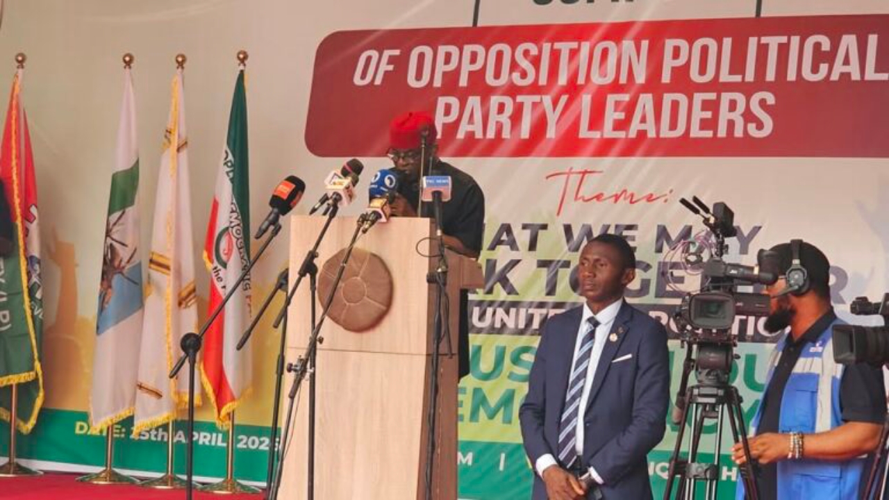 The National Chairman of the African Democratic Congress (ADC), Senator David Mark, speaking at the national opposition summit held in Ibadan, Oyo State - National News